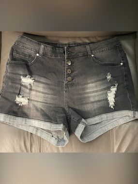 Distressed Black Denim Shorts - Women's High-Rise Button Front